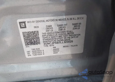 2020 Chevrolet Trax Awd Lt from USA, damaged, VIN 3GNCJPSB7LL323025